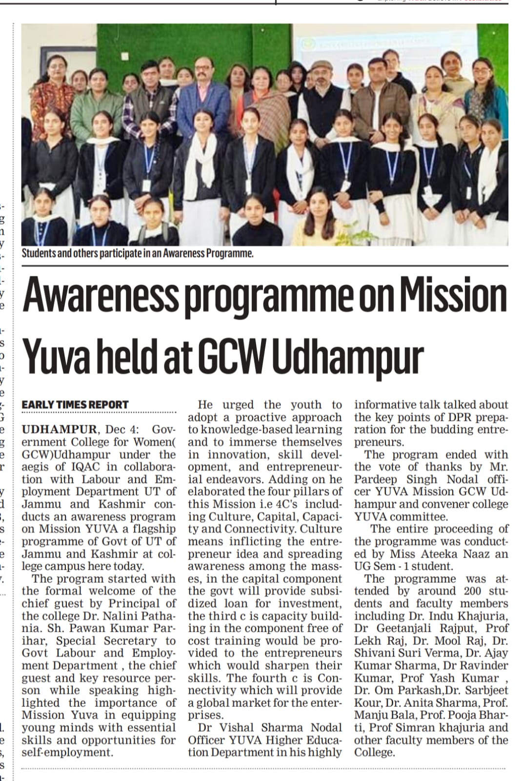 An Awareness Programme on Mission Yuva held at G.C.W Udhampur